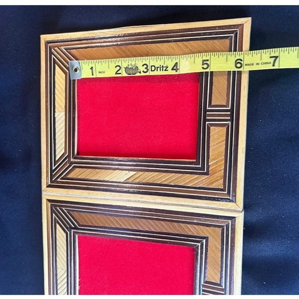 Vintage Marquetry Wood Folding Double Picture Frame Straw Art Geometric Brown